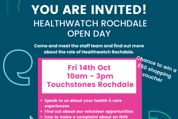 Healthwatch Rochdale Open Day Invitation with date, time & location
